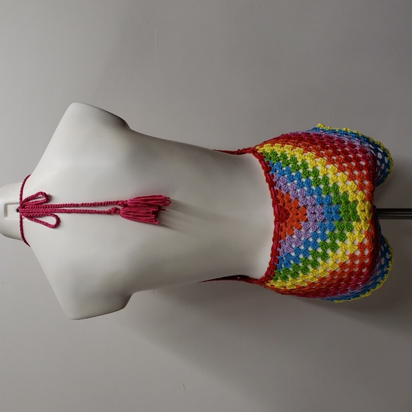 Color Block Open Knit Tassel Tie Backless Knot Waist Cami Romper Women's Size 6 - Picture 6 of 13